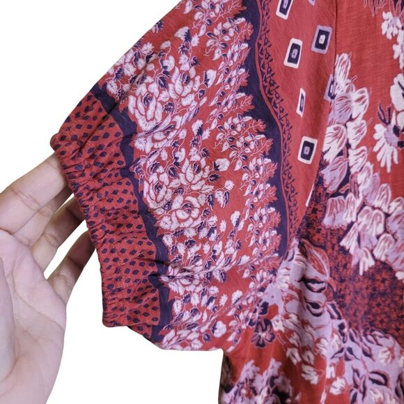 Free People Red & Pink Floral Print Womens Top M Boho Hippie Cottagcore - Picture 3 of 7